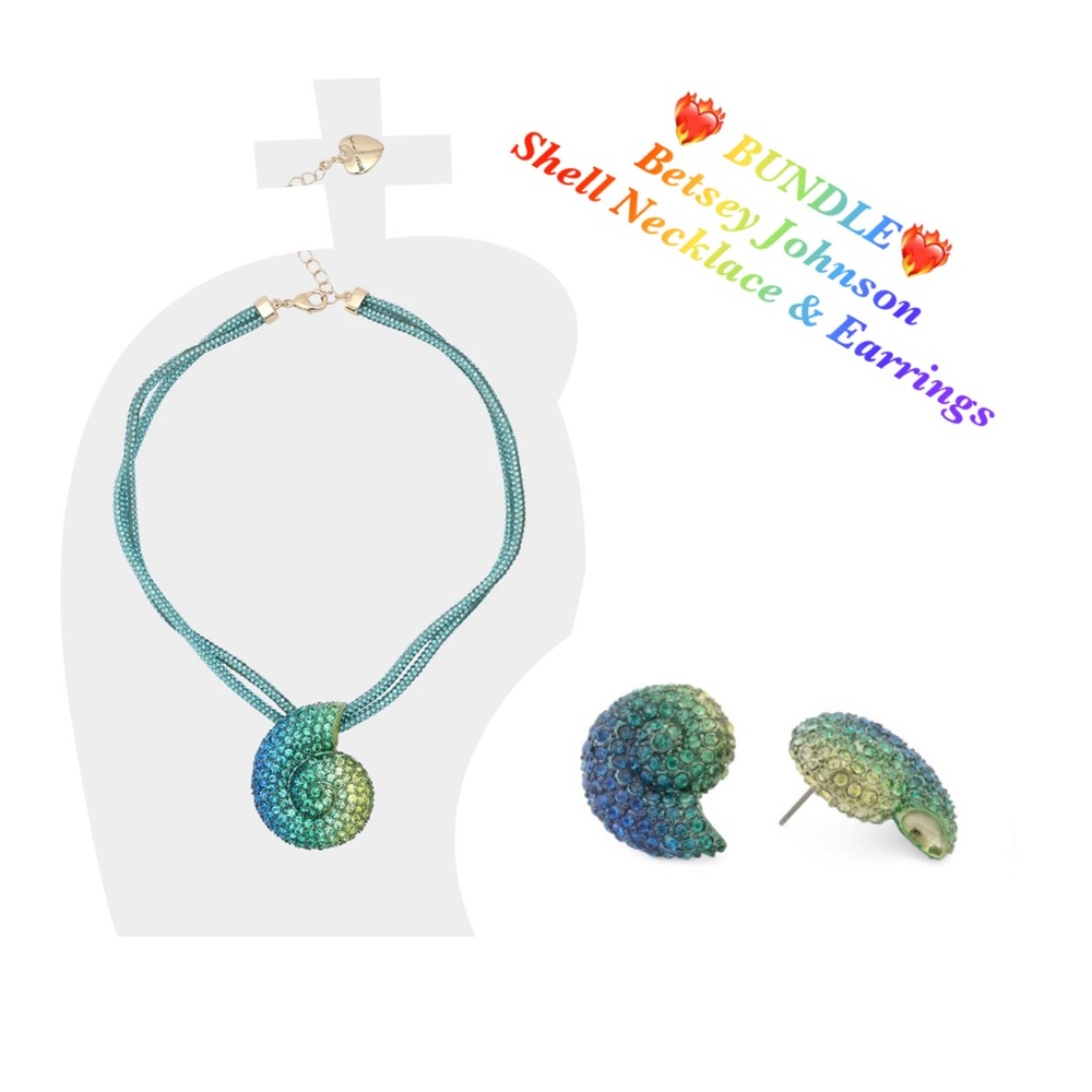 Betsey Johnson Blue & Green Crystal MERMAID SHELL Earrings $38/Necklace $88 NWT